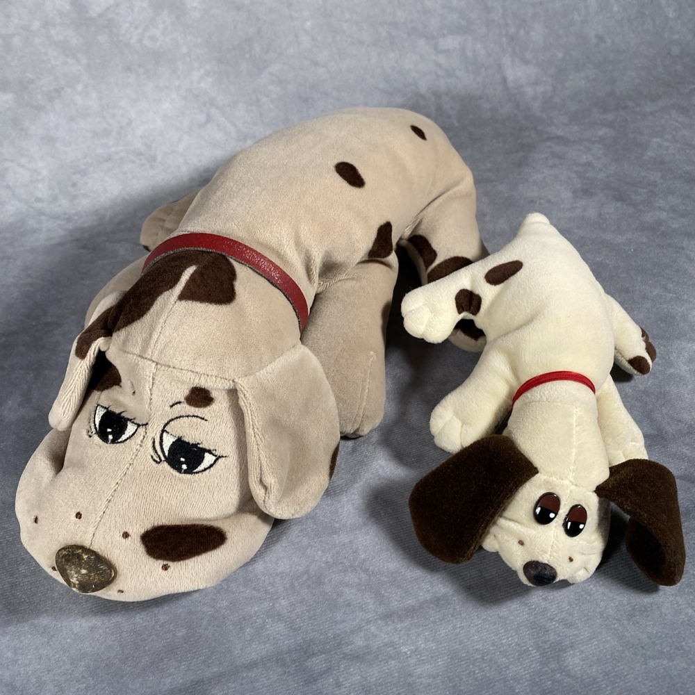 Pound Puppies Vintage Plush Dog Beige Brown Spots Big 18" & Small 8" Bundle